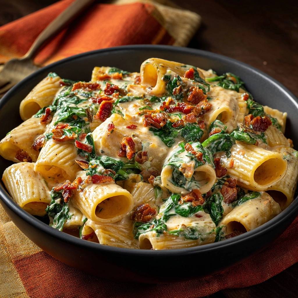 Creamy spinach and bacon rigatoni in a dark bowl, showcasing the rich sauce and crumbled bacon topping.