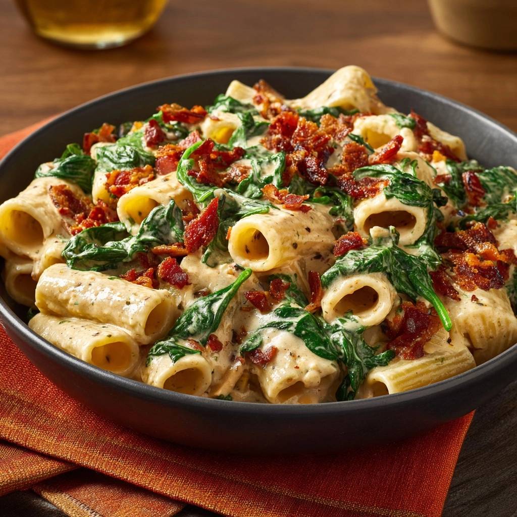 Creamy spinach and bacon rigatoni served in a dark bowl, showcasing the rich sauce and pasta tubes.