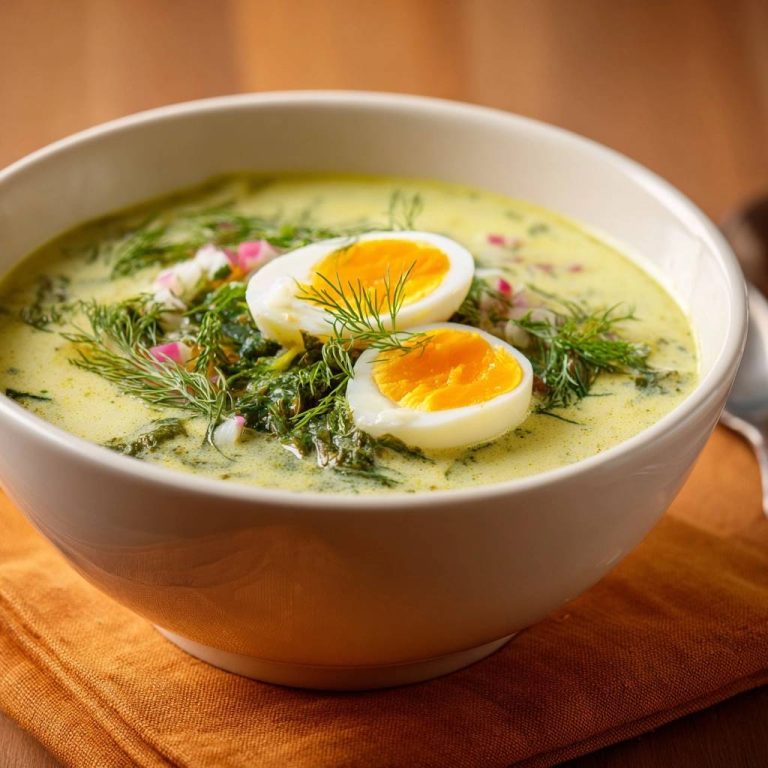 Creamy spinach dill soup with eggs, featuring a close-up view of the garnish with fresh dill sprigs.