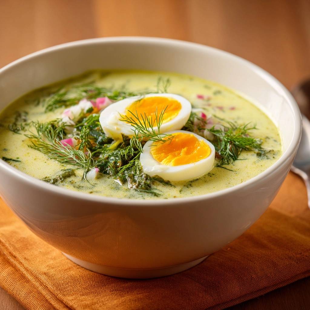 Creamy spinach dill soup with eggs, featuring a close-up view of the garnish with fresh dill sprigs.