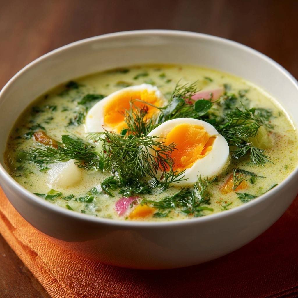 Creamy spinach dill soup with eggs, featuring a close-up view of fresh dill garnish and halved boiled eggs.