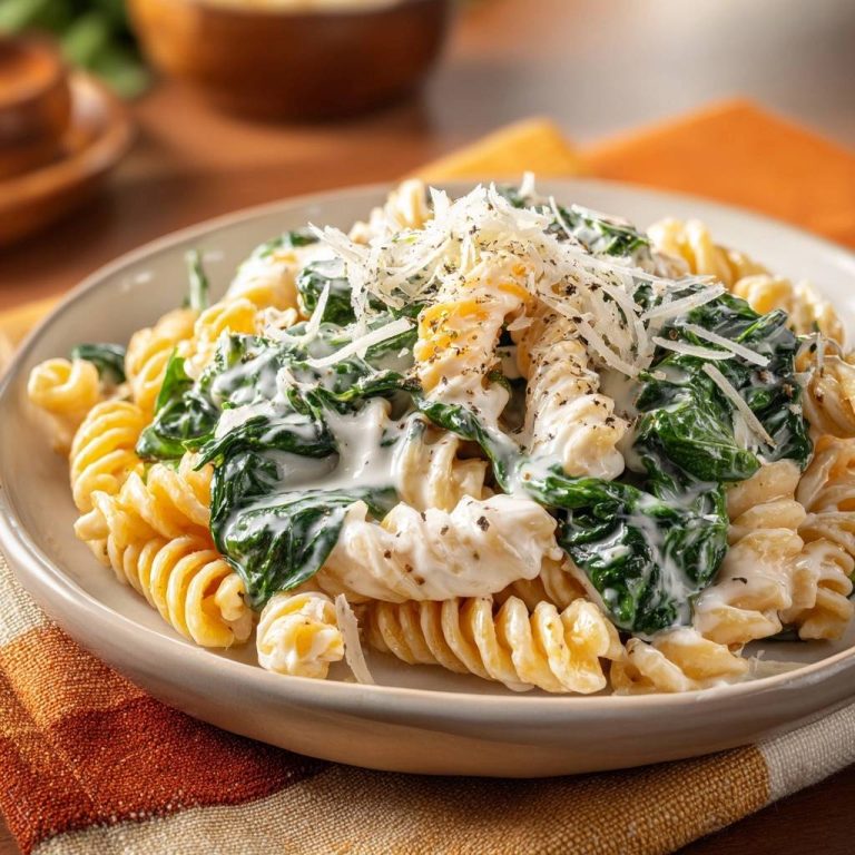 Creamy spinach fusilli served on a plate, generously topped with grated Parmesan cheese and black pepper.