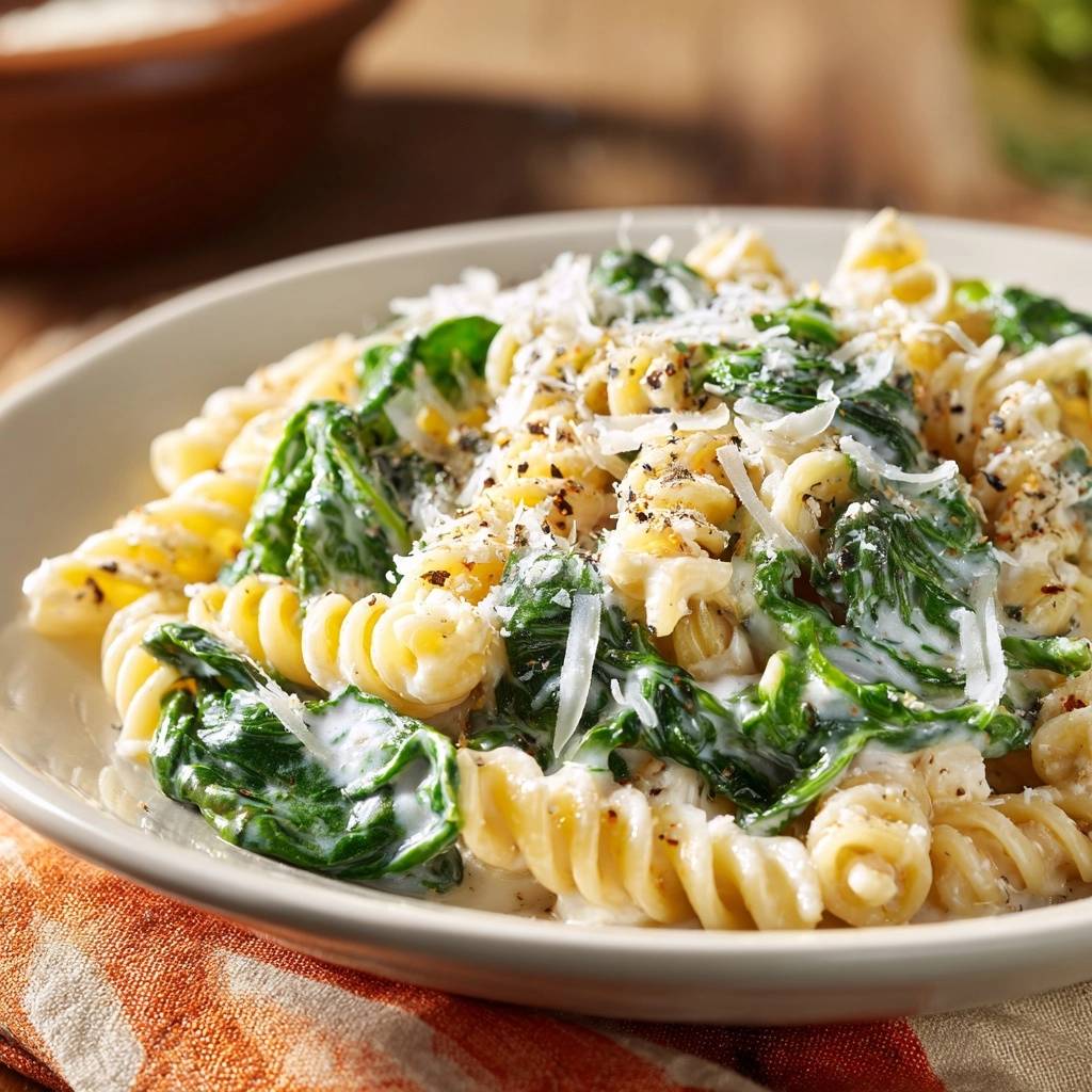 Creamy spinach fusilli plated close-up, showing the spiral pasta coated in a rich sauce with wilted spinach and grated cheese.