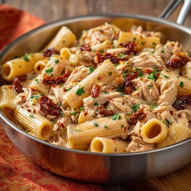 Creamy sun-dried tomato chicken rigatoni served in a close-up view of a stainless steel skillet.