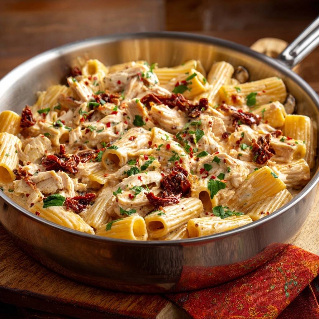 Creamy sun-dried tomato chicken rigatoni served in a stainless steel pan, showcasing the rich sauce and pasta.