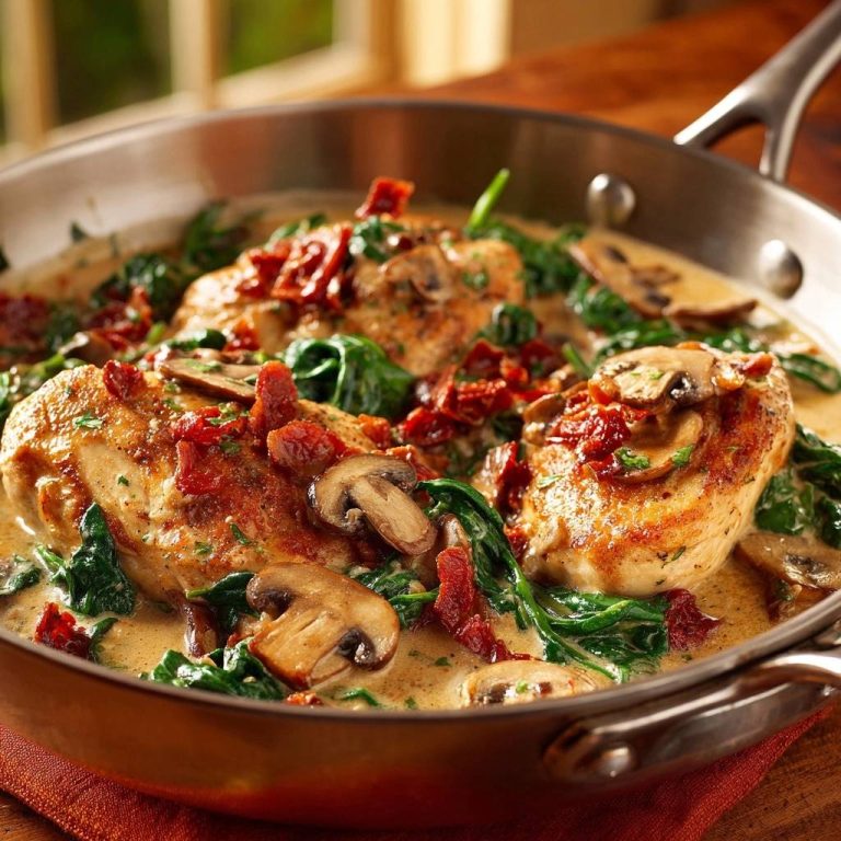 Creamy sun-dried tomato and mushroom chicken in a skillet, a close-up view showcasing the tender chicken and rich sauce.