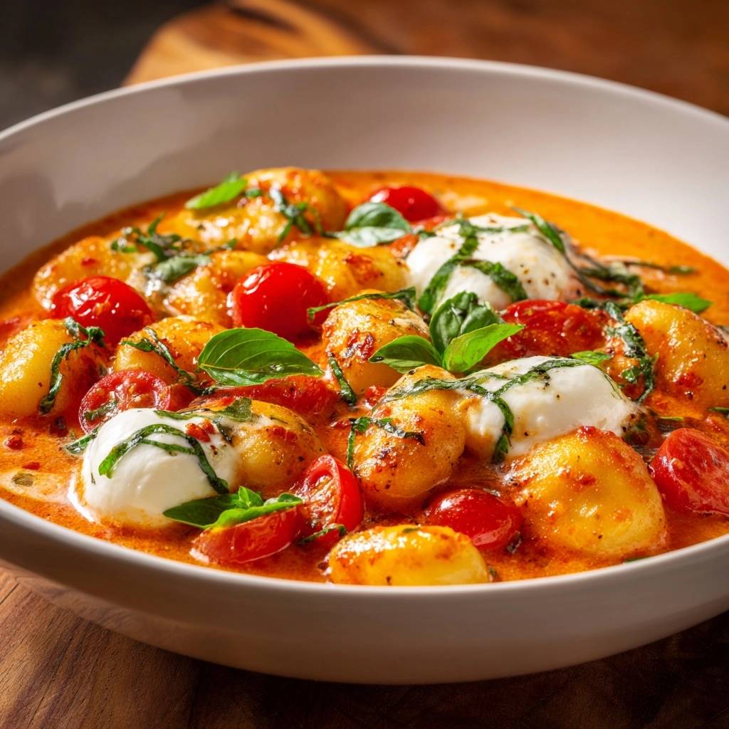 Creamy tomato burrata gnocchi recipe shown in a close-up view of a white bowl with fresh basil and cherry tomatoes.