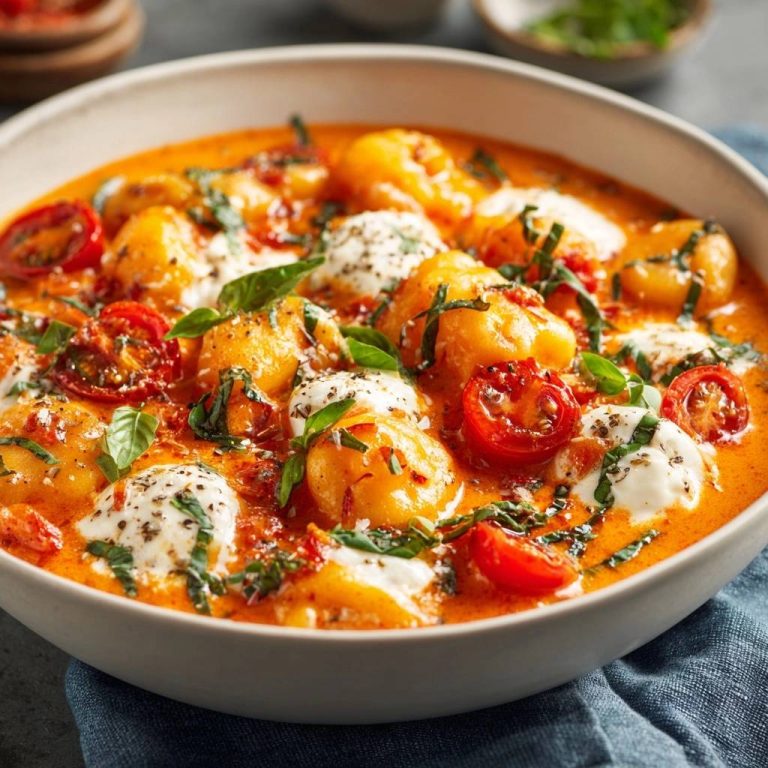 Creamy tomato burrata gnocchi recipe shown in a close-up bowl view with fresh basil and cherry tomatoes.