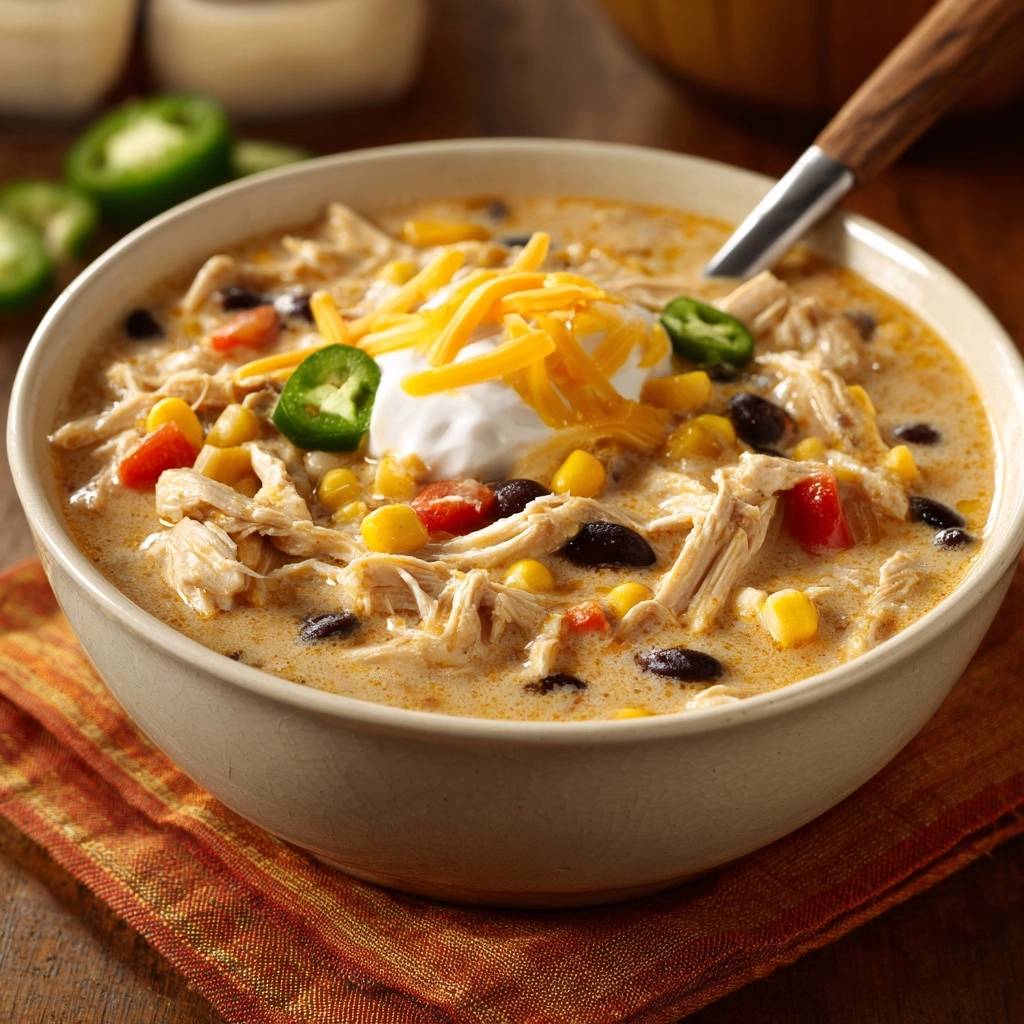 Creamy white chicken chili garnished with sour cream, shredded cheese, and jalapeños in a bowl.