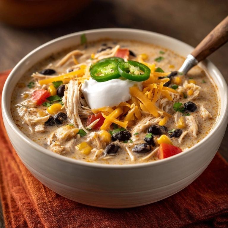 Creamy white chicken chili garnished with sour cream, shredded cheese, and jalapeños in a white bowl.