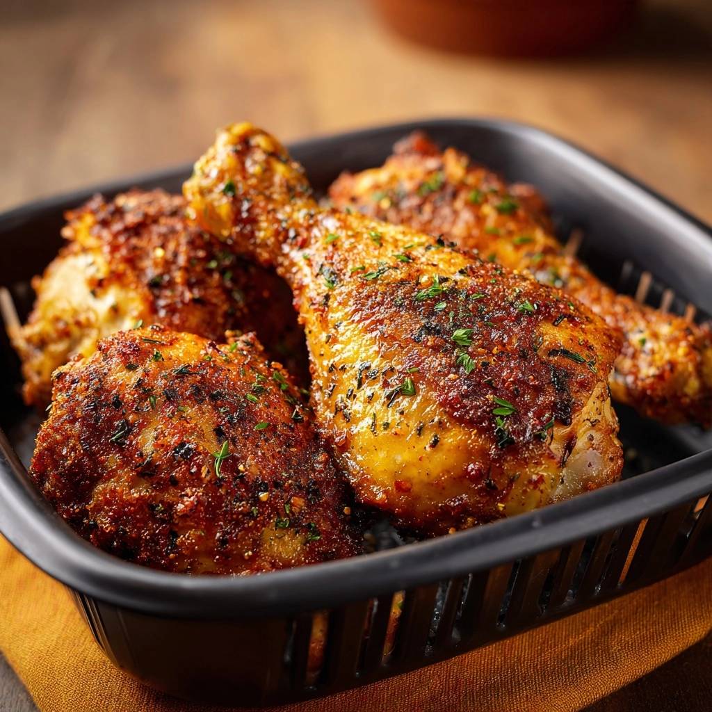 Crispy air fryer herb chicken served in a black basket, showcasing a close-up view of the seasoned chicken drumsticks and thighs.
