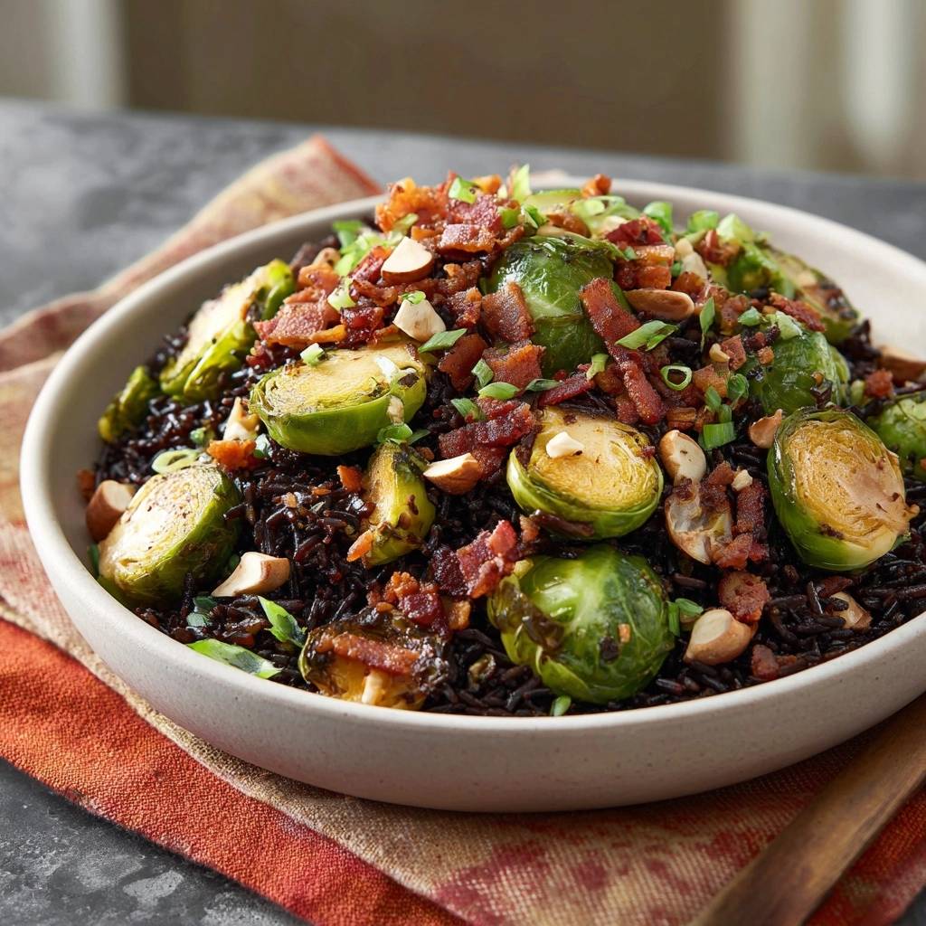 Crispy bacon Brussels black rice bowl shown from a close-up overhead view, highlighting the savory toppings.