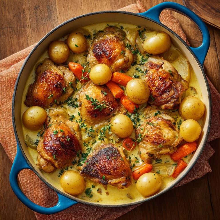 Crispy braised chicken thighs with baby potatoes and carrots in a blue Dutch oven, viewed from overhead.