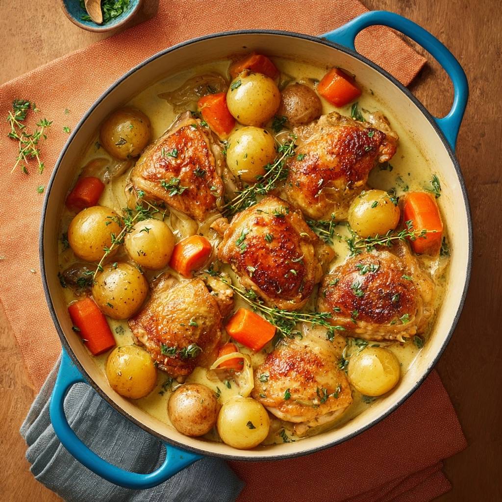 Crispy braised chicken thighs with baby potatoes and carrots in a pot, shown in an overhead view.
