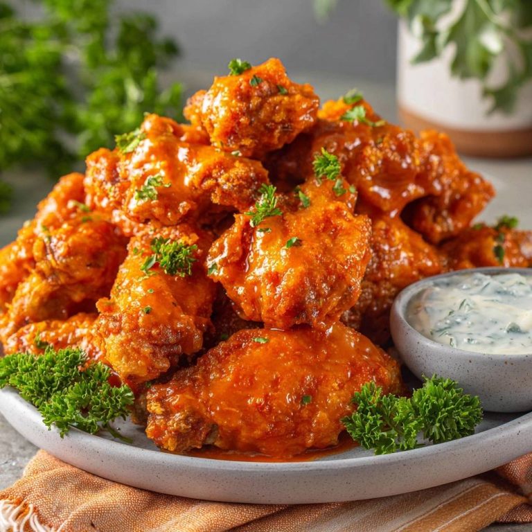 Crispy buffalo wings are generously coated in sauce and served plated with a side of creamy dip and fresh parsley.