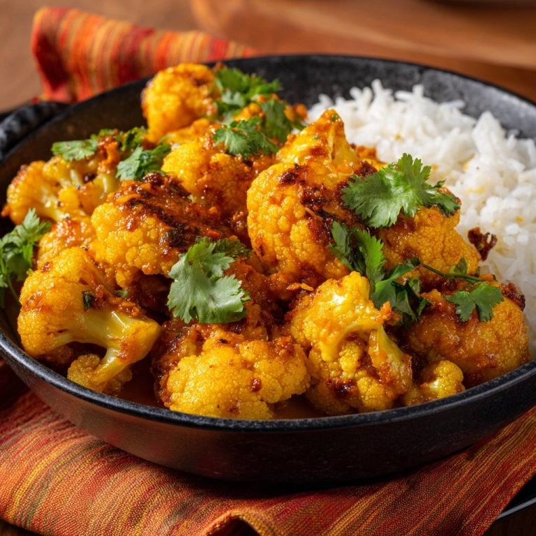 Crispy cauliflower masala in a black bowl with white rice, garnished with cilantro, showcasing the rich spice sauce coating the florets.