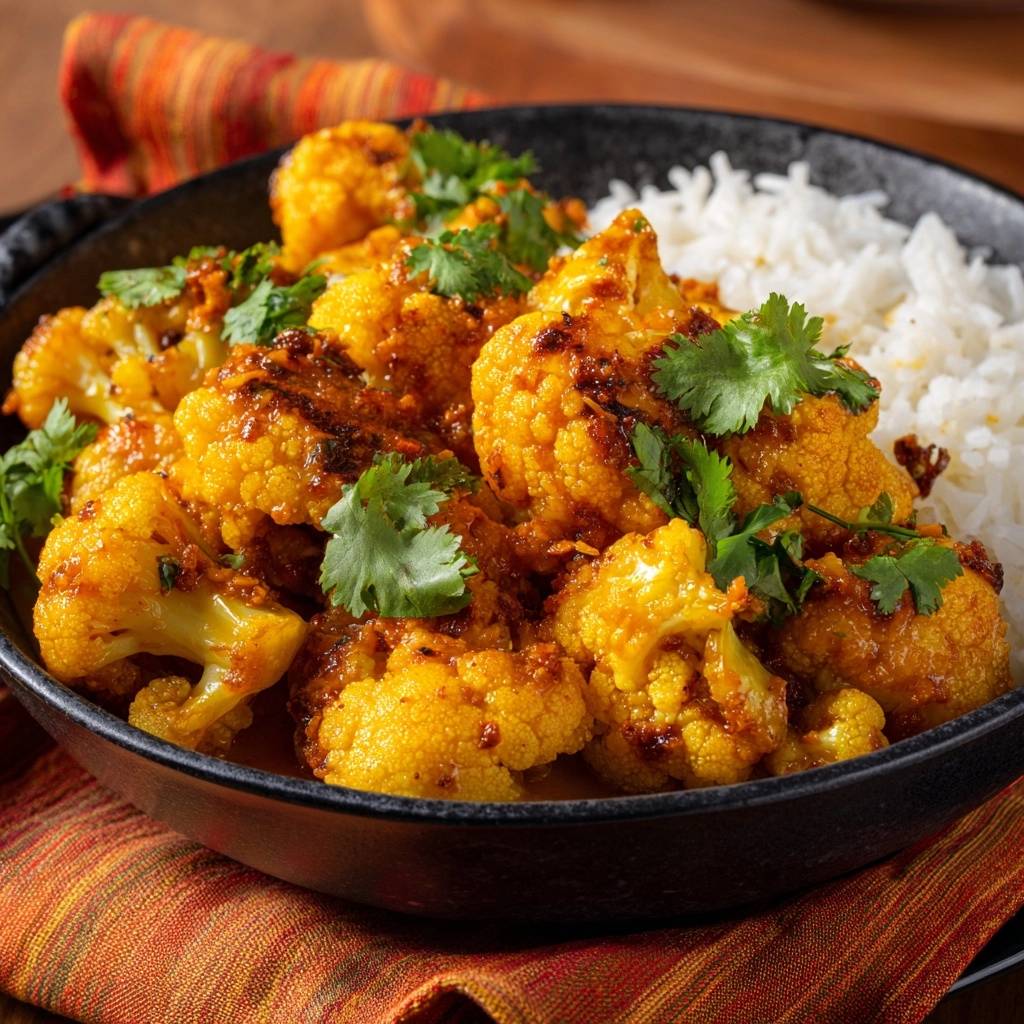 Crispy cauliflower masala in a black bowl with white rice, garnished with cilantro, showcasing the rich spice sauce coating the florets.