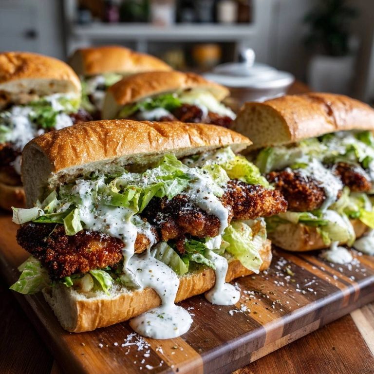 Crispy chicken caesar sandwiches shown from a side view on a wooden cutting board, drizzled with dressing.