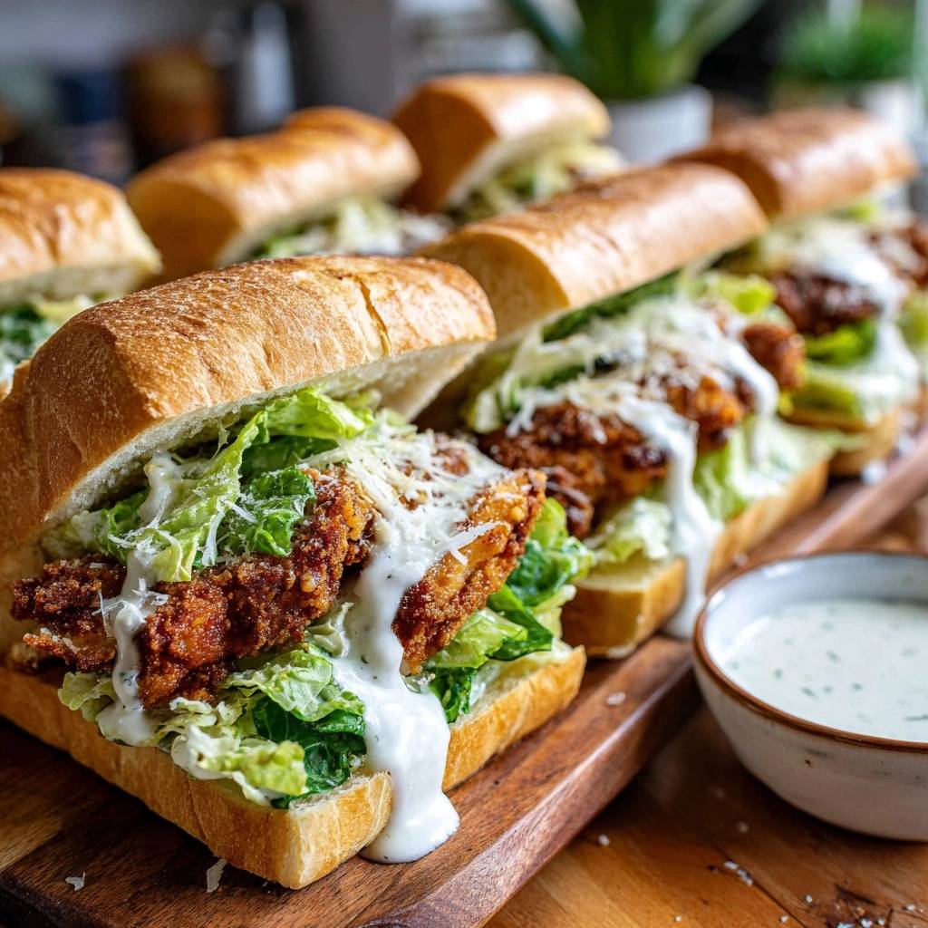 Crispy chicken Caesar sandwiches arranged in a row on a wooden board with a side of dressing.