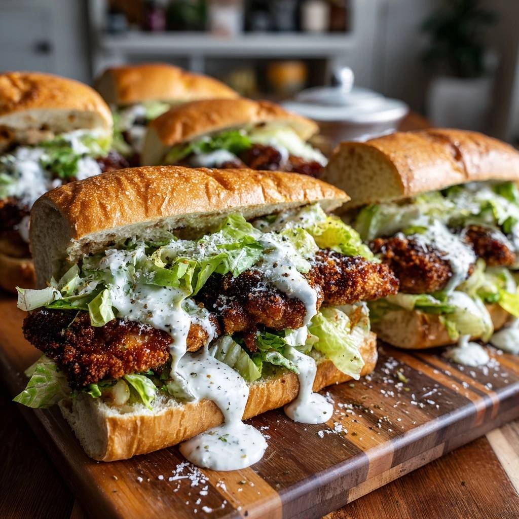 Crispy chicken caesar sandwiches shown from a side view on a wooden cutting board, drizzled with dressing.