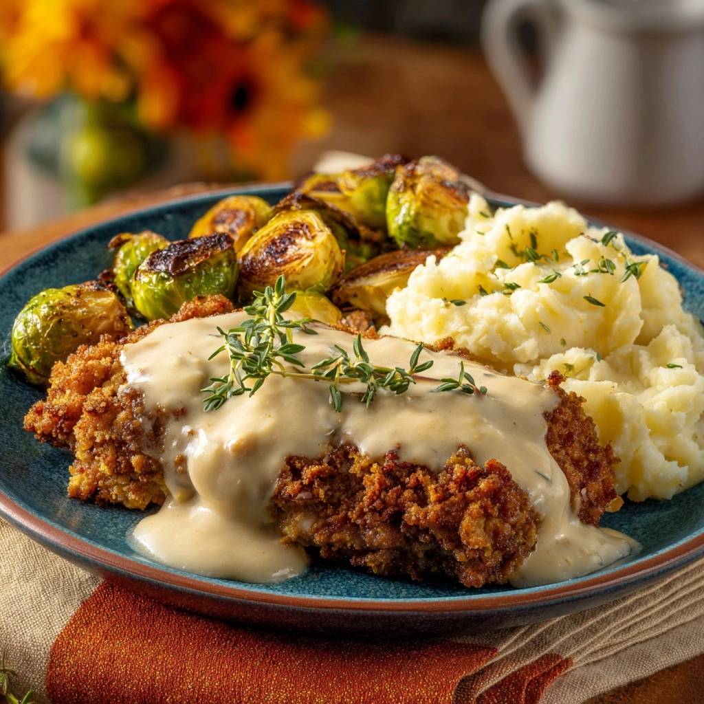 Crispy breaded chicken with creamy thyme gravy, mashed potatoes, and roasted Brussels sprouts plated on a blue dish, showing a side view.