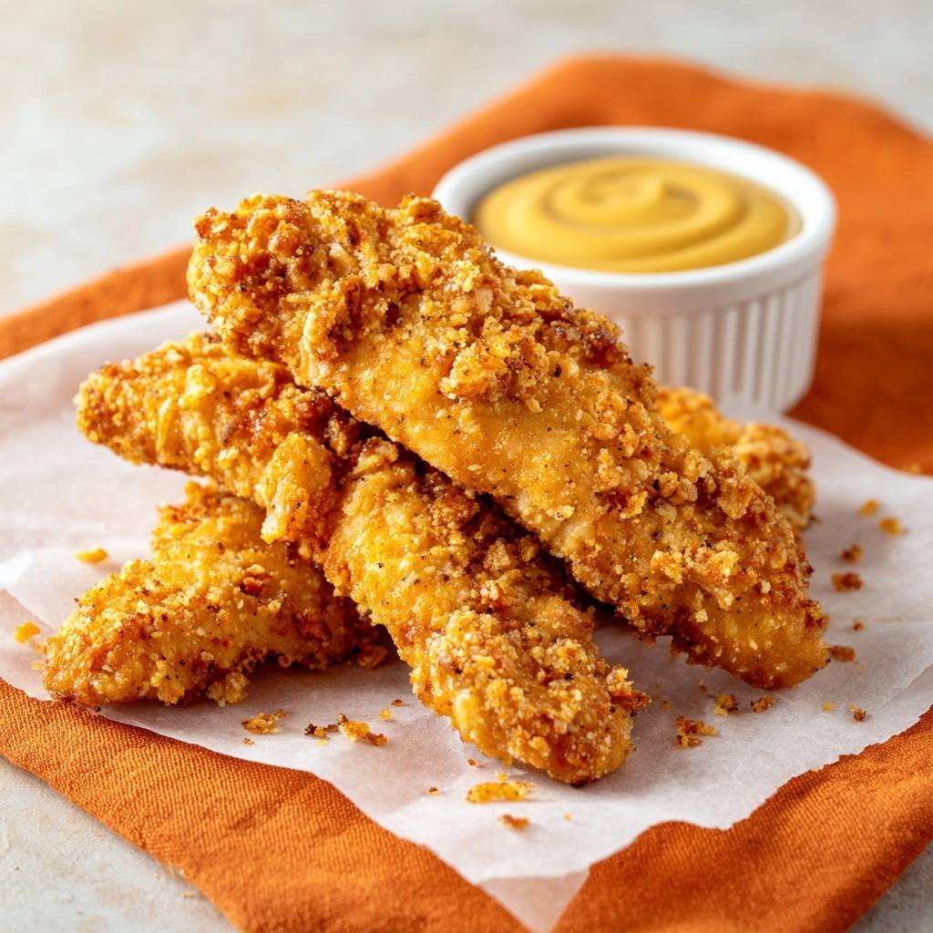 Crispy chicken tenders close-up showing their crunchy breading texture with a side of mustard dip.