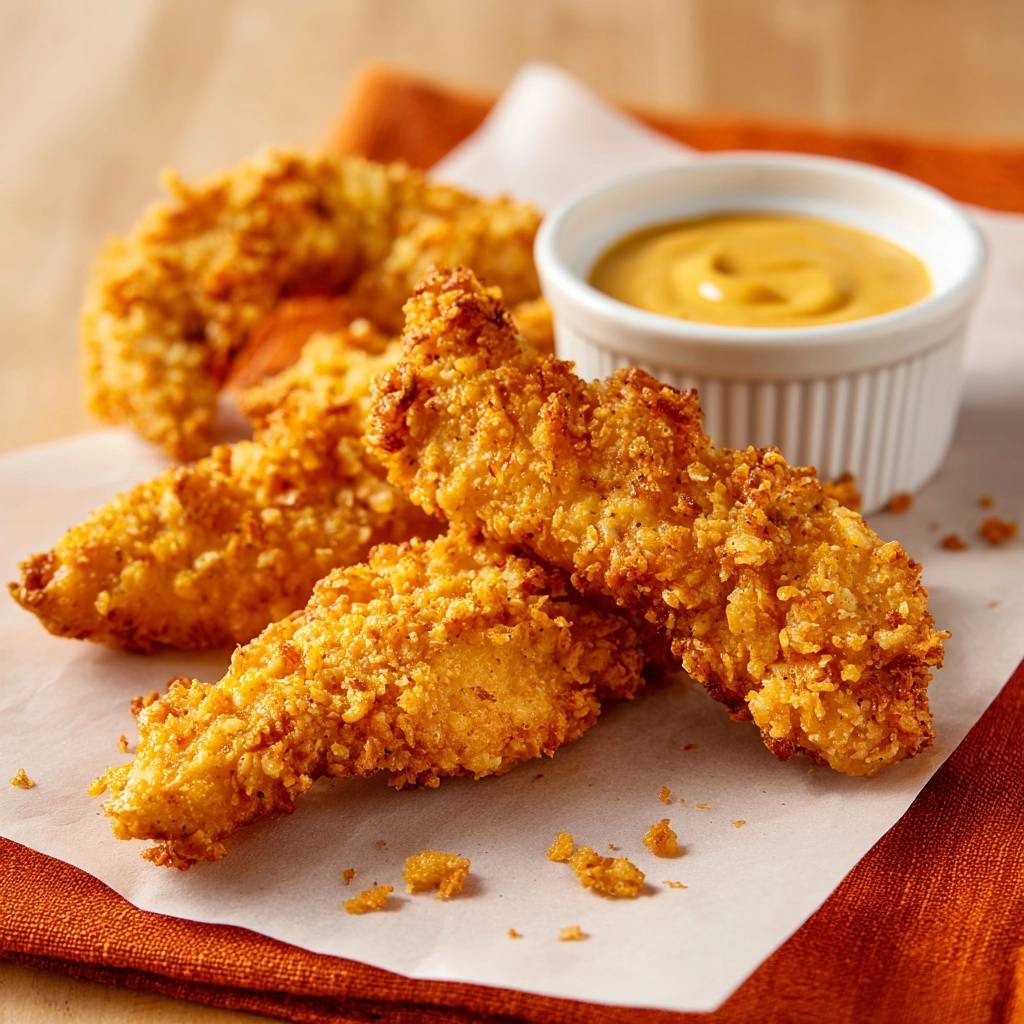 Crispy chicken tenders with a side of mustard dip, presented on parchment paper.