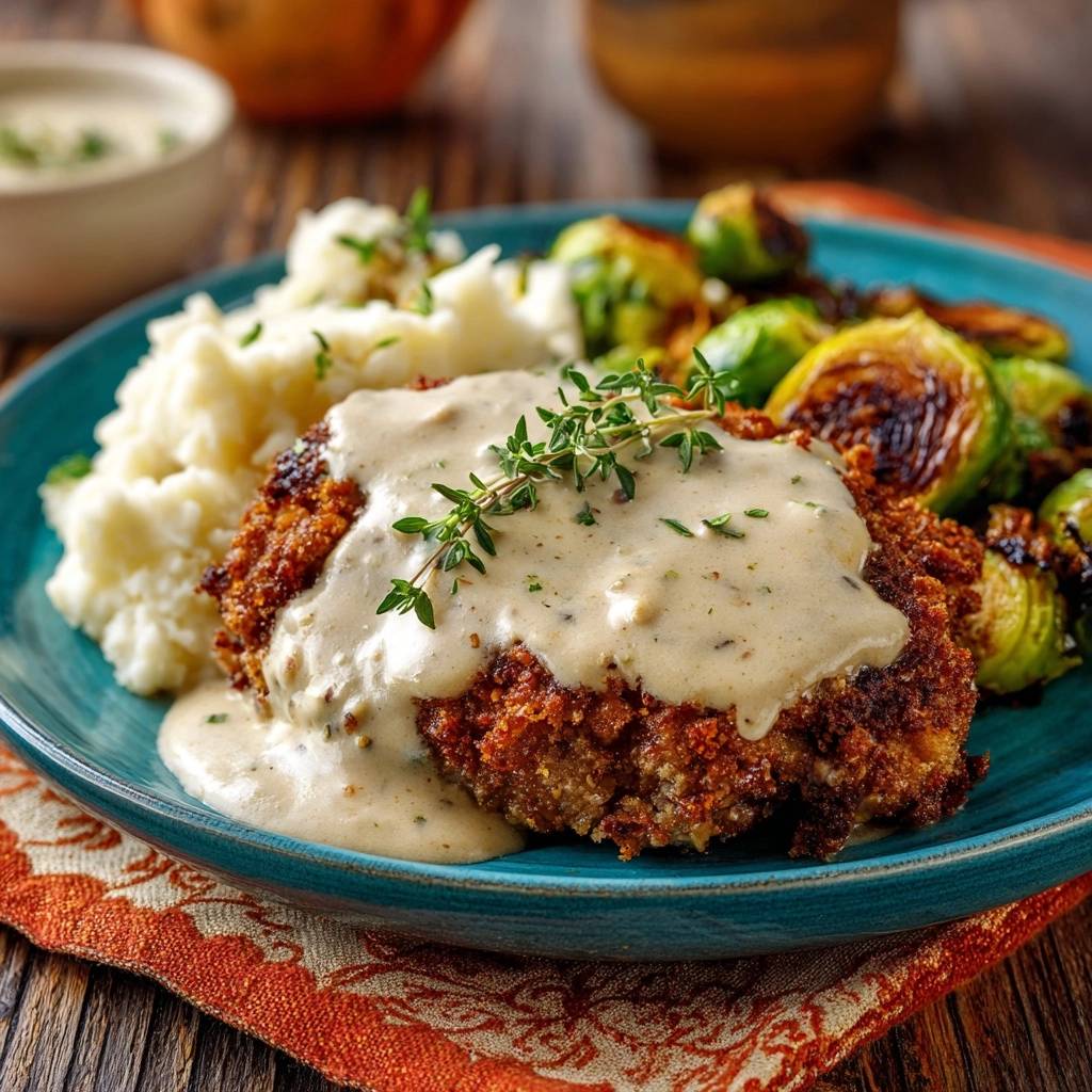 Crispy breaded chicken with creamy thyme gravy, mashed potatoes, and roasted Brussels sprouts plated with a sprig of thyme garnish.