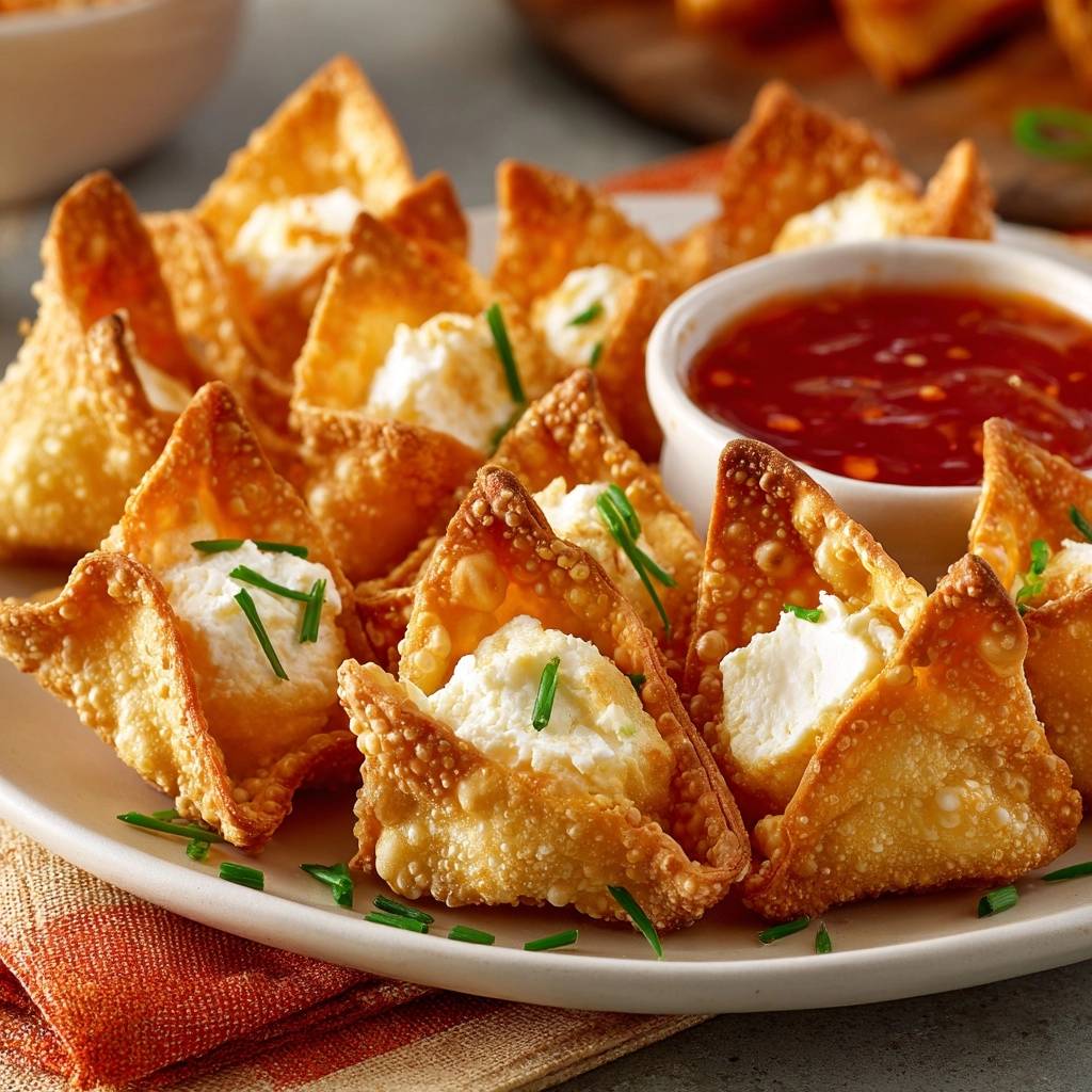 Crispy cream cheese wontons plated with a side of red dipping sauce and garnished with chives.