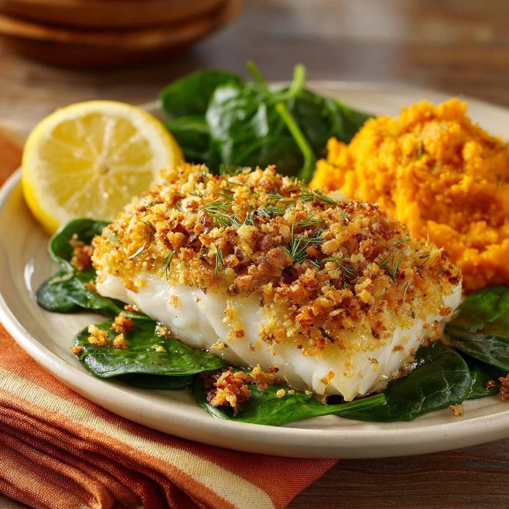Crispy dill crusted cod served plated with sweet potato mash and spinach, garnished with dill.