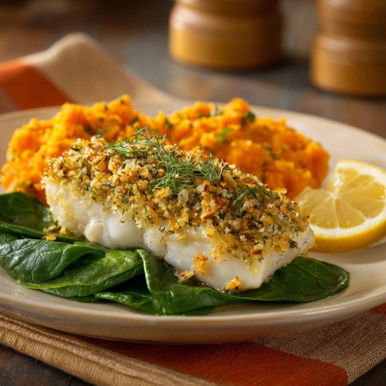 Crispy dill crusted cod with sweet potato mash and spinach served on a plate with a lemon wedge.