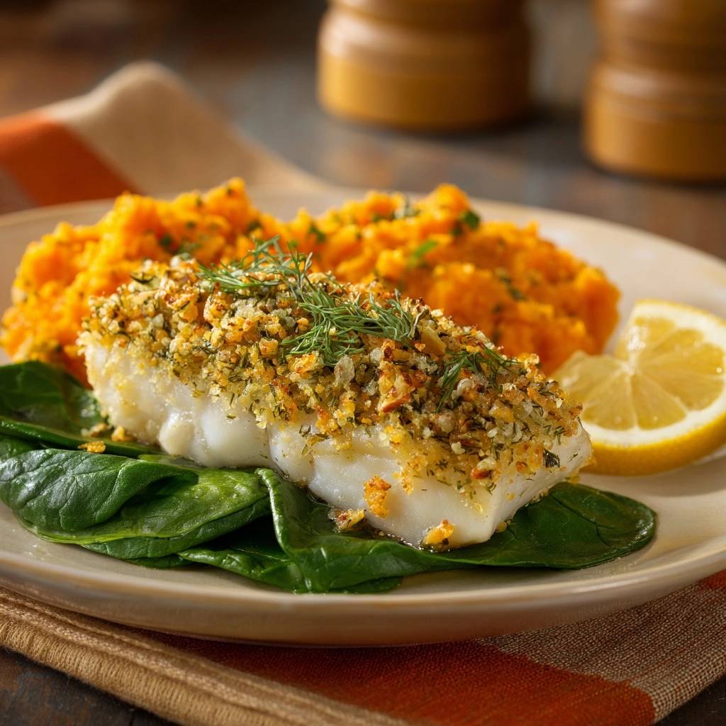 Crispy dill crusted cod with sweet potato mash and spinach served on a plate with a lemon wedge.