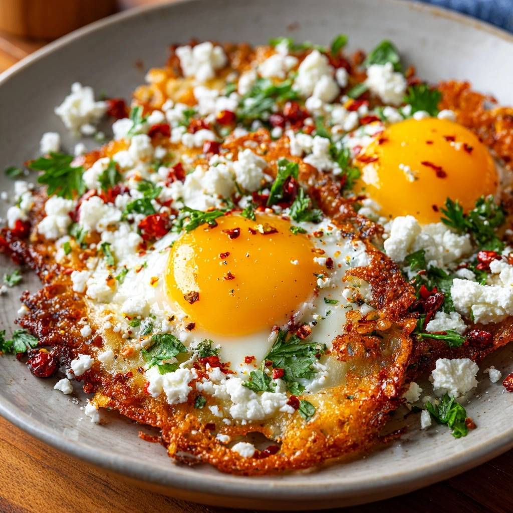 Crispy feta fried eggs with a close-up view of the crumbled feta and chili flake topping.