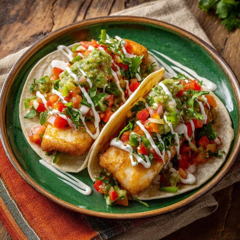 Crispy fish tacos plated in a green bowl, topped with pico de gallo, guacamole, and crema.