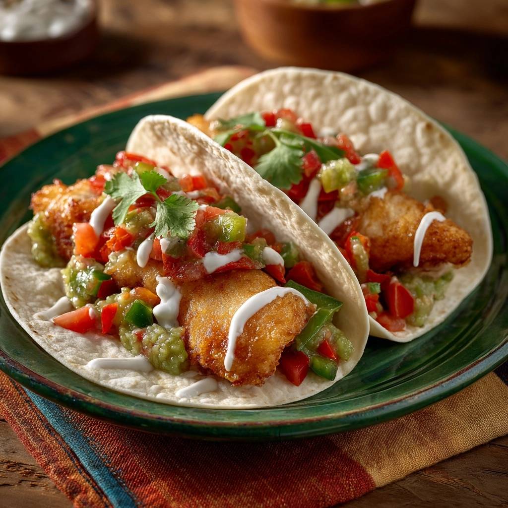 Crispy fish tacos plated side-by-side, showcasing fresh salsa and a drizzle of white sauce.