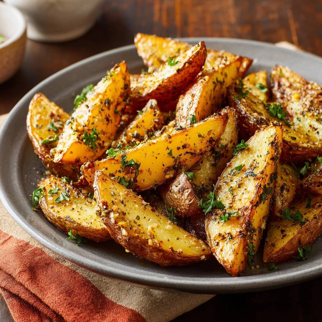 Crispy garlic potato wedges generously seasoned and garnished with parsley, served on a grey plate.
