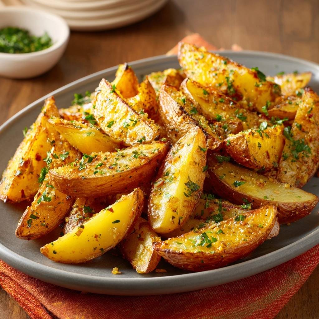 Crispy garlic potato wedges are served generously on a grey plate, showcasing their golden-brown texture and fresh parsley garnish.