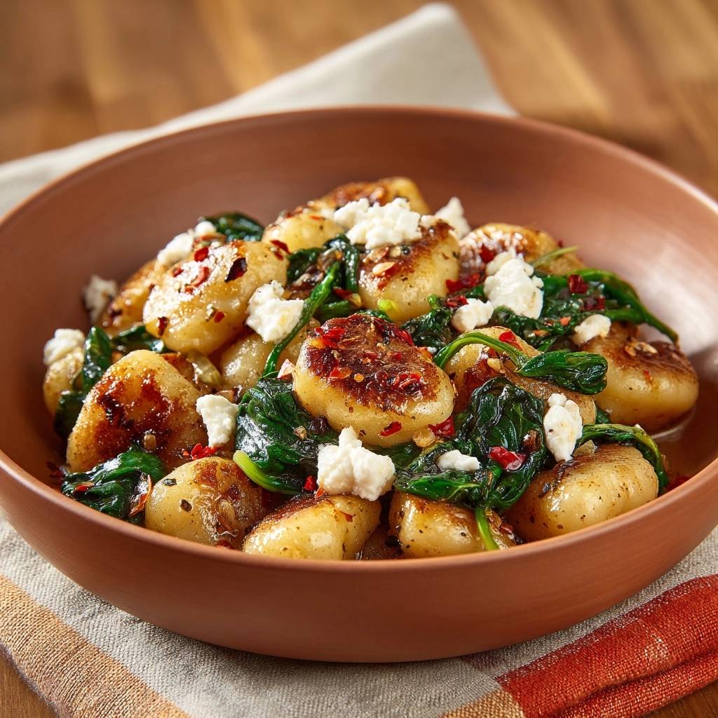 Crispy gnocchi with spinach and feta cheese, a close-up detail shot showing the crumbled cheese and chili flakes.