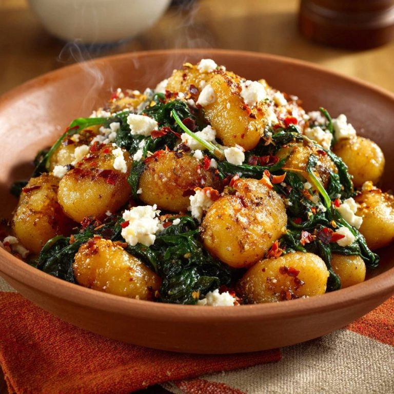 Crispy gnocchi with spinach and feta, topped with crumbled cheese and chili flakes.