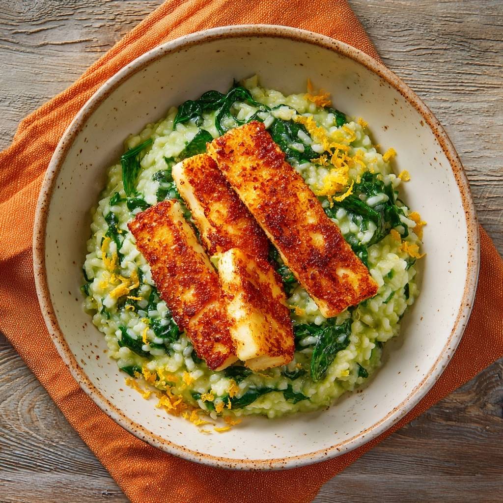 Crispy pan-seared halloumi with spinach risotto served in a rustic bowl, shown from an overhead perspective.