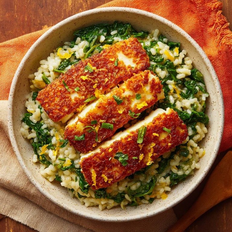 Crispy pan-seared halloumi with spinach risotto served in a textured bowl, viewed from directly above.