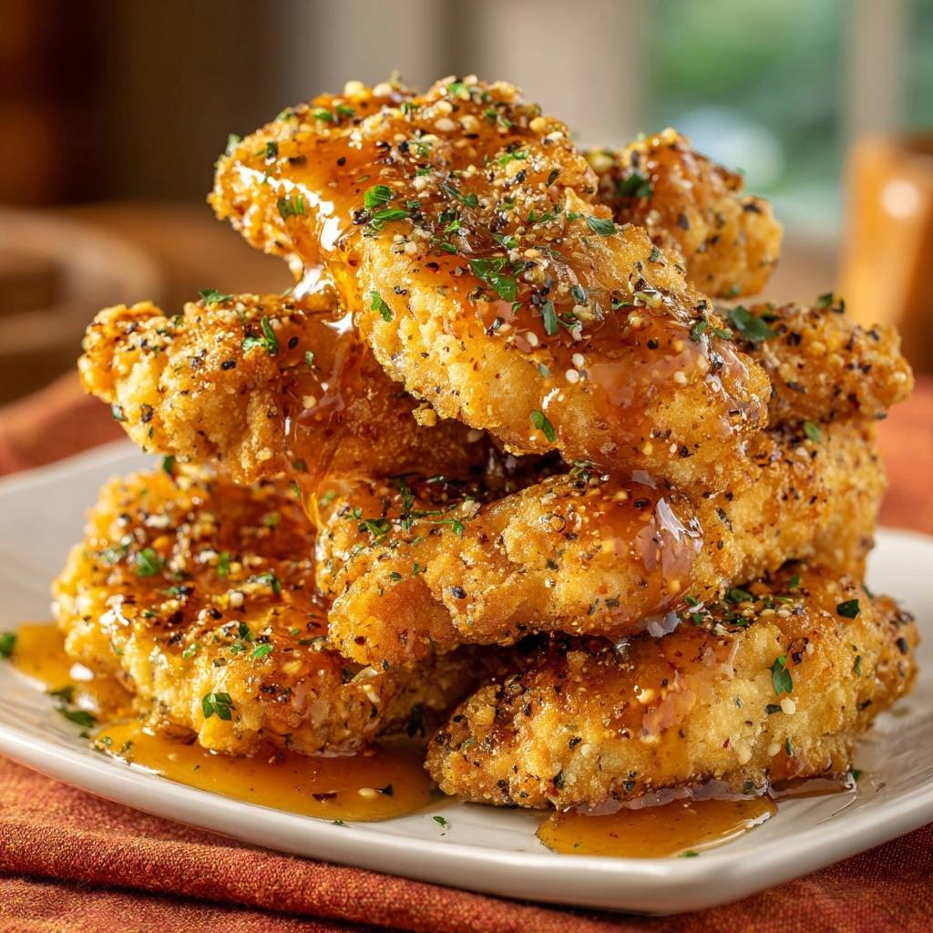 Crispy honey glazed chicken tenders stacked high, drizzled with glaze and garnished with herbs.