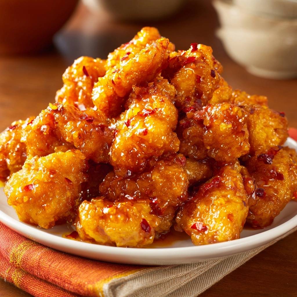 Crispy Korean chicken bites coated in a glossy, spicy glaze with chili flakes, shown in a close-up view.