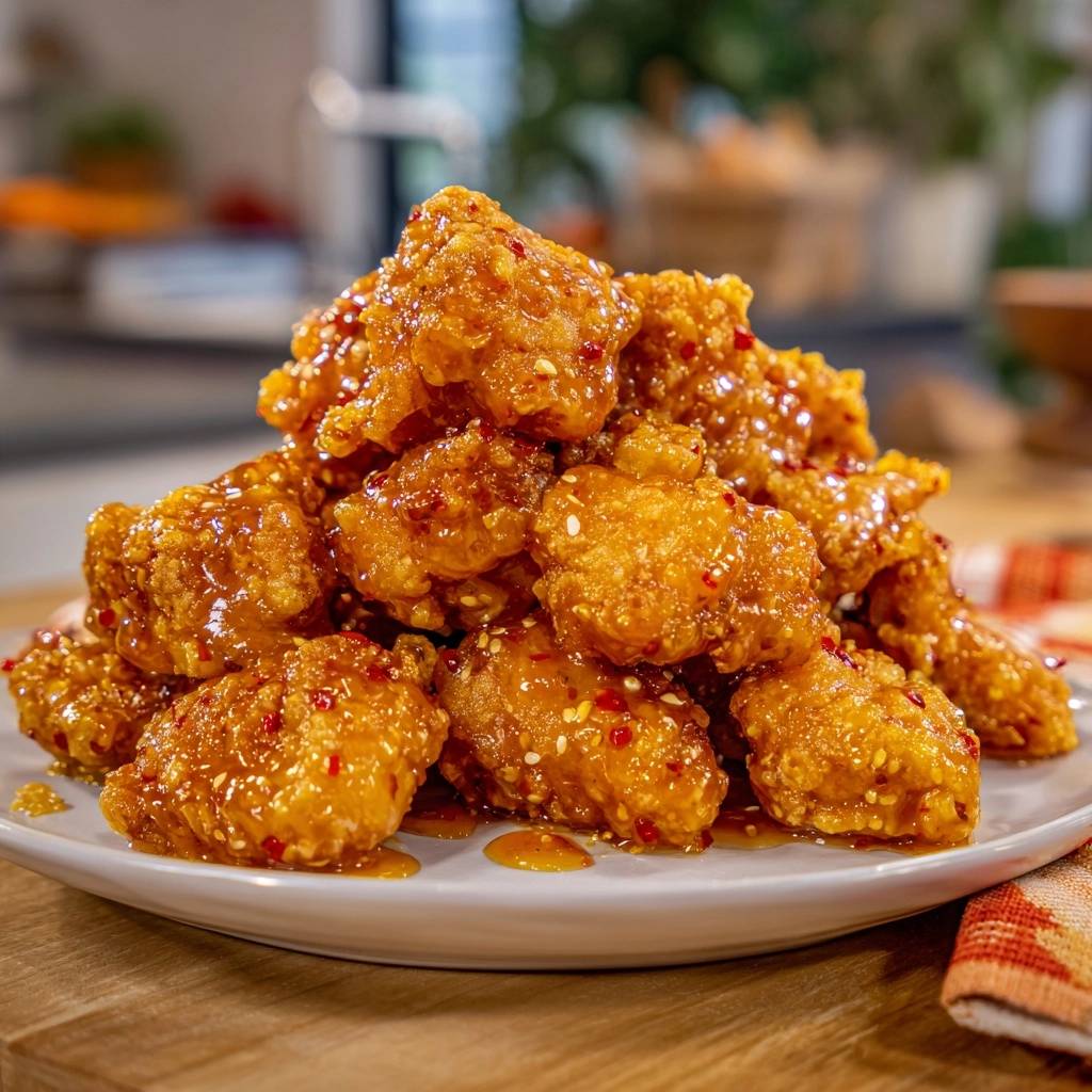 Crispy Korean Chicken Bites piled high on a plate and generously coated in a glistening sweet and spicy glaze with sesame seeds.