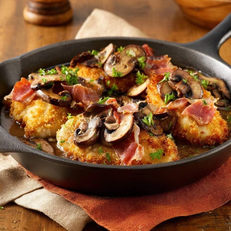 Crispy mushroom and bacon chicken skillet served in a cast-iron pan, garnished with fresh parsley.