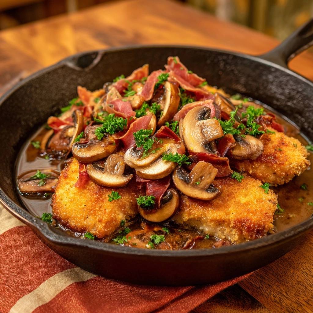 Crispy mushroom and bacon chicken skillet topped with fresh parsley and savory bacon pieces in a cast iron pan.