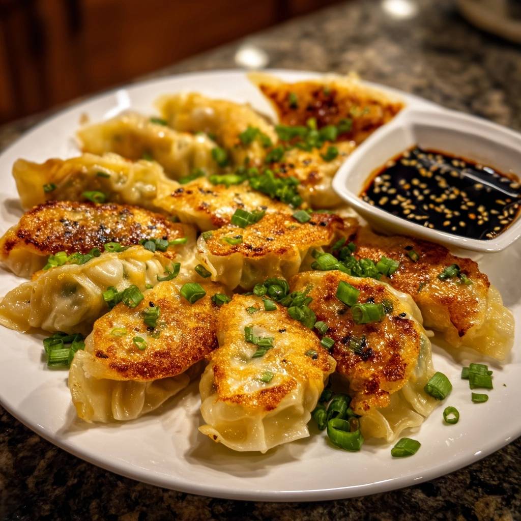 Crispy pan-fried scallion dumplings garnished with chopped green onions and served with soy dipping sauce.