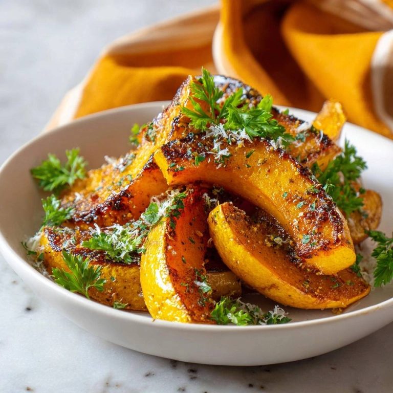 Crispy Parmesan Butternut Squash Wedges served in a bowl and garnished with fresh parsley and grated cheese.
