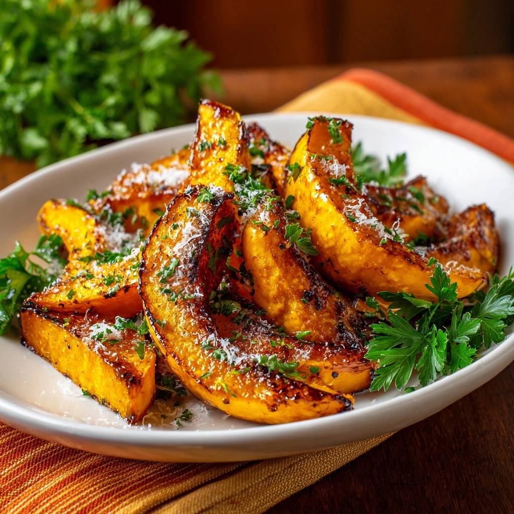 Crispy Parmesan Butternut Squash Wedges garnished with fresh parsley and grated cheese, presented on a white plate.