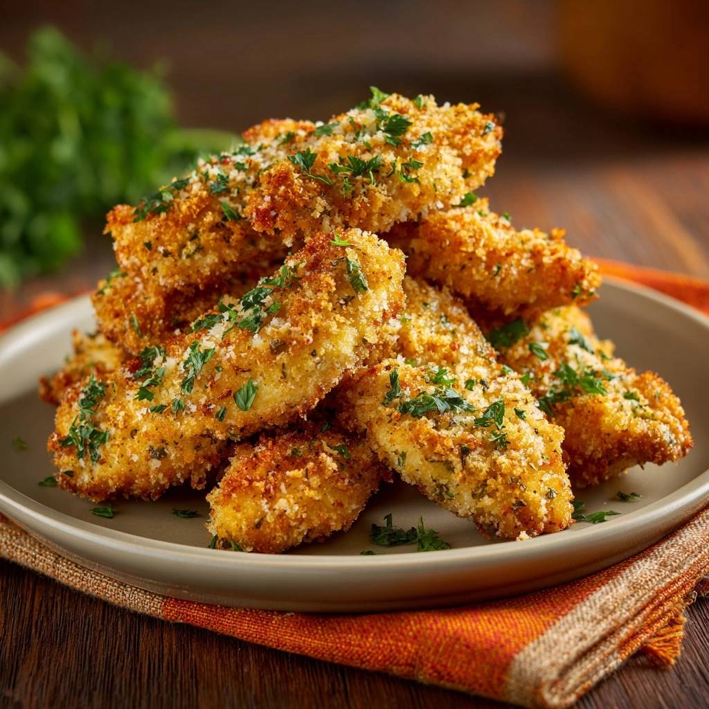Crispy parsley chicken tenders piled high on a plate, showcasing their golden-brown breading and fresh herb garnish.